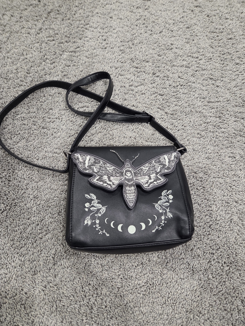 Black Crossbody Bag with Moth Embellishment